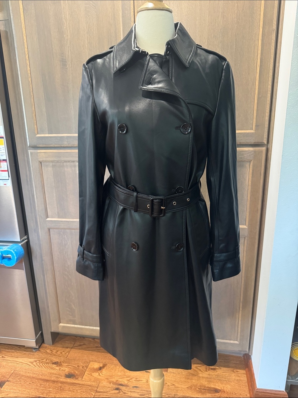 MNG (MANGO)-Double Breasted Belted Faux Leather Trench Coat